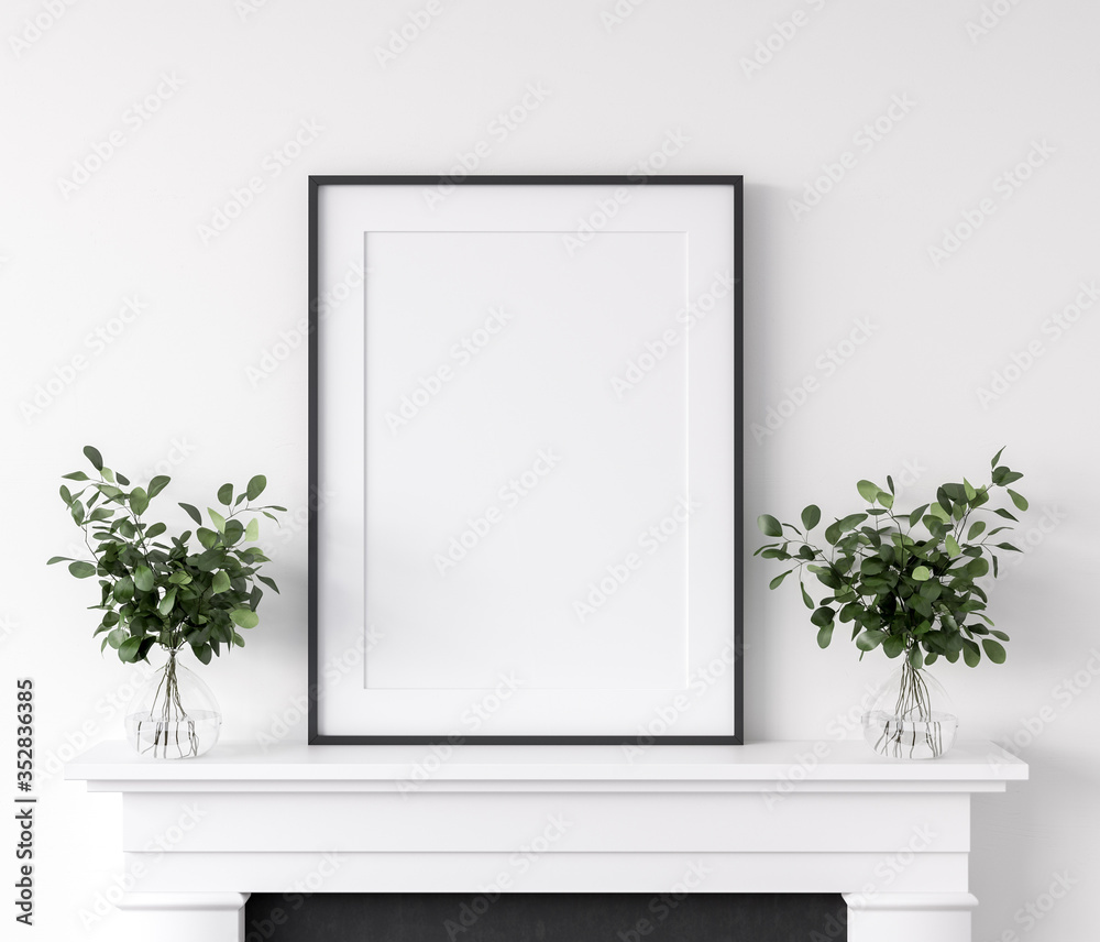 Frame mockup with plants standing on fireplace, white living room interior, 3d render - obrazy, fototapety, plakaty 