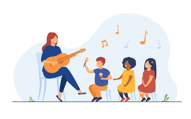 Kindergarten teacher playing guitar for diverse group of kids. Preschool children enjoying music lesson. Flat vector illustration for day care activity, childhood concept