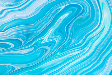 Wall Mural - Fluid art texture. Backdrop with abstract mixing paint effect. Liquid acrylic artwork that flows and splashes. Mixed paints for interior poster. Blue, white and aquamarine overflowing colors