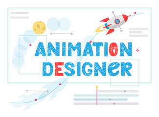 Poster - Animation designer lettering. Work at new art project. Flat design concept motion graphic, modeling artist job, video effect designer.  RGB illustration