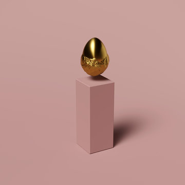 3D rendering of a sculpture made of gold, an egg carved from a disc levitates above a stand on a pink background, banner or wallpaper