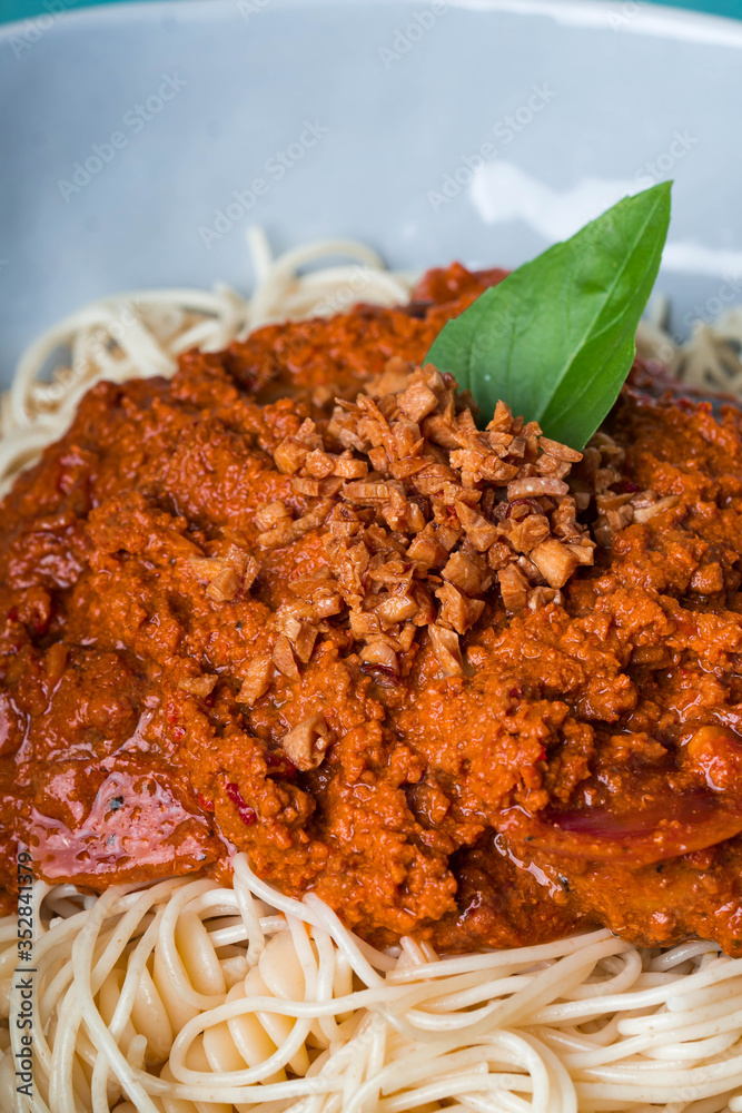 crab fat pasta with fried garlic also known as aligue pasta in the ...