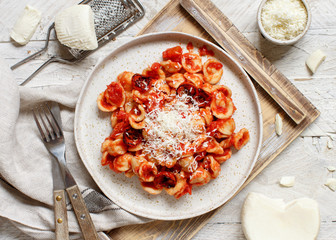 Wall Mural - South italian  pasta orecchiette with tomato sauce and cacioricotta cheese