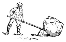 Man Using Lever And Fulcrum To Lift Rock, Vintage Illustration.