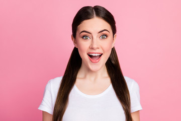 Sticker - Close-up portrait of her she nice-looking attractive lovely pretty cute glad cheerful cheery girl worker good news reaction isolated over pink pastel color background