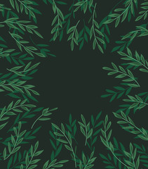 Poster - Vector illustration of decoration branches with leaves and grass, nature background. Landscape background with forest.