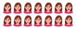 © Illusart - Set of different facial expressions female character. Collection of young woman feelings. Beautiful girl emoji with various emotions. Collage of cute lady's portrait. Cartoon illustration in vector.
