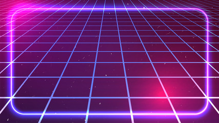 Wall Mural - retro wave neon background. perspective grid. blue pink neon light border. dark backdrop. retro futu