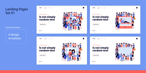 Poster - set of people standing around big screen. flat vector illustrations of men and women using mobile de