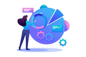 Aufkleber - Woman character with graph Research and charts. Flat 2D character. Concept for web design