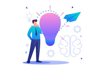 Poster - Young man launches a business idea, a business startup. Flat 2D character. Concept for web design