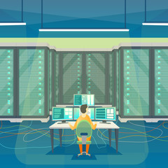 Poster - Cartoon Color Server Room Inside Interior and Admin. Vector
