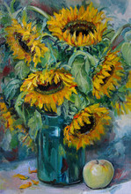 Big Bouquet With Sunflowers And An Apple, Oil Painting