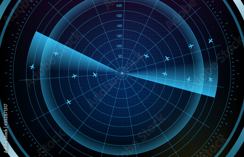 Fotografía abstract background of futuristic technology screen scan flight radar airplane r