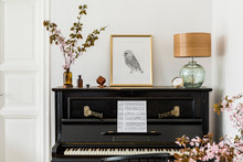 Stylish Composition At Living Room Interior With Black Piano, Gold Mock Up Poster Frame, Dried Flowers, Gold Clock, Design Lamp And Elegant Presonal Accessories In Modern Home Decor.