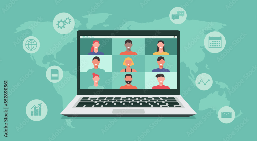 people connecting together, learning or meeting online with teleconference, video conference remote working on laptop computer, work from home or anywhere, new normal concept, vector illustration - obrazy, fototapety, plakaty 