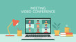 people connecting together, learning or meeting online with teleconference, video conference remote working on laptop computer, work from home, new normal concept, vector flat illustration
