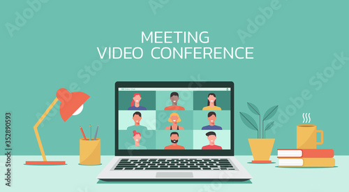 Fotografía people connecting together, learning or meeting online with teleconference, vide