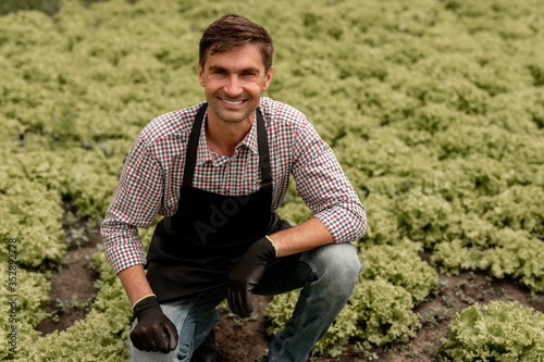 Fotografía Cheerful gardener near lettuce plants