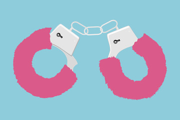 Fur pink handcuffs. Vector illustration. Sexual toy for adults isolated on a on a blue background.