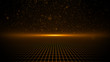 Perspective Grid. Abstract background shining golden floor ground particles stars dust with flare. Futuristic glittering in space on black background.
