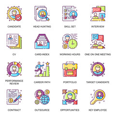 Aufkleber - Head Hunting flat icons set. Candidate interview, career path, performance review, portfolio and skills, target candidate line pictograms for mobile app. Human resource management vector icon pack.