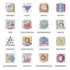 Poster - data analysis flat icons set. traffic and signal analysis, global data storage, information structur
