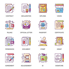 Aufkleber - Legal documents flat icons set. Contact, agreement, declaration, diploma, certificate, official letter, passport and grant line pictograms for mobile app. Paperwork and documentation vector icon pack.