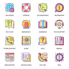 Poster - Help and support flat icons set. 24h assistance, help chat, handbook and information manual, emergency service line pictograms for mobile app. Phone hot line and technical support vector icon pack.