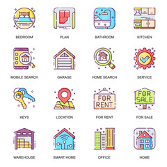 Poster - real estate flat icons set. bedroom, bathroom and kitchen, rent and sale service, smart home, reside