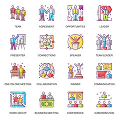 Aufkleber - Business people flat icons set. Team collaboration, presentation and conference, work group subordination, opportunities and agreements line pictogram for mobile app. Business meeting vector icon pack
