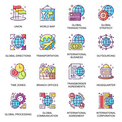 Aufkleber - Global business flat icons set. Transborder agreement, world transportation and communication, processing, direction, outsourcing line pictogram for mobile app. International business vector icon pack
