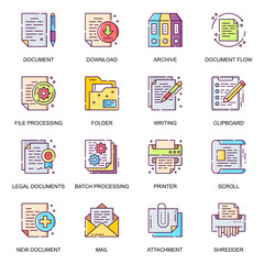 Poster - business documents flat icons set. batch processing, legal documents, archive, file download, shredd