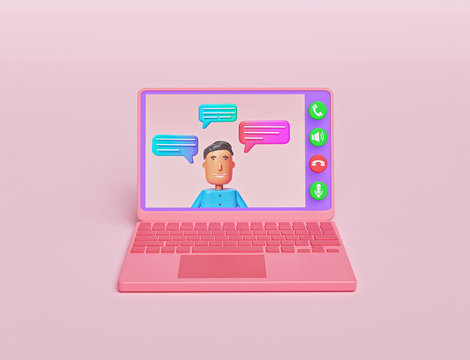 Video chatting online on laptop computer. happy cartoon character speaking. minimal design. concept of internet talk call. 3d rendering