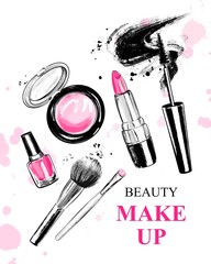 Poster - Hand drawn set with lipstick, brushes, mascara, nail polish, powder blush and bow. Beautiful set with cosmetics for Makeup. Flat lay. 