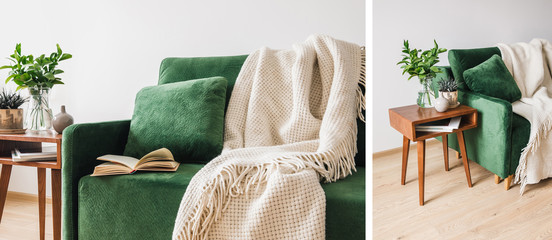 Wall Mural - collage of green sofa with pillow, book and blanket near wooden coffee table with plants