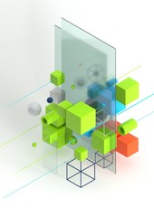 Wall Mural - Abstract 3d render visualization background, template modern composition of geometric shapes in isometric . Cube, sphere, cylinder, line.