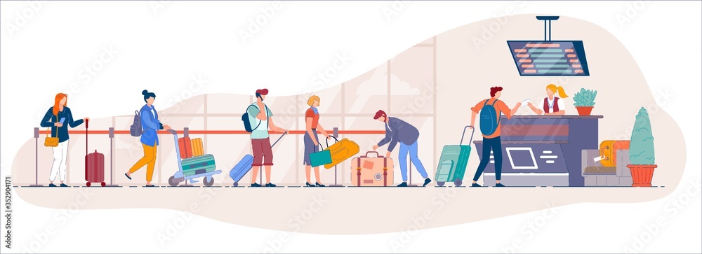 Airport check in desk. Traveler queue from airport terminal check in ...
