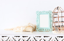 Image Of White Vintage Mirror And Pearls Over Wooden Table. For Mockup, Can Be Used For Photography Montage