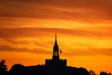 Orange Colour Sunset Sky Over Boxford Church Tower, Suffolk, England, Europe