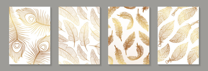 Set of modern luxury white backgrounds for business or presentation or greeting cards with golden feathers.