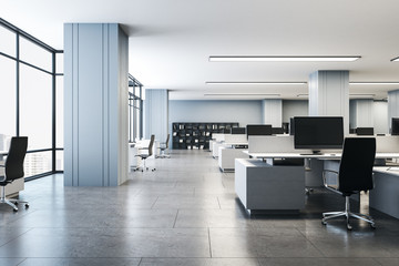 Contemporary interior office with computers on desk.