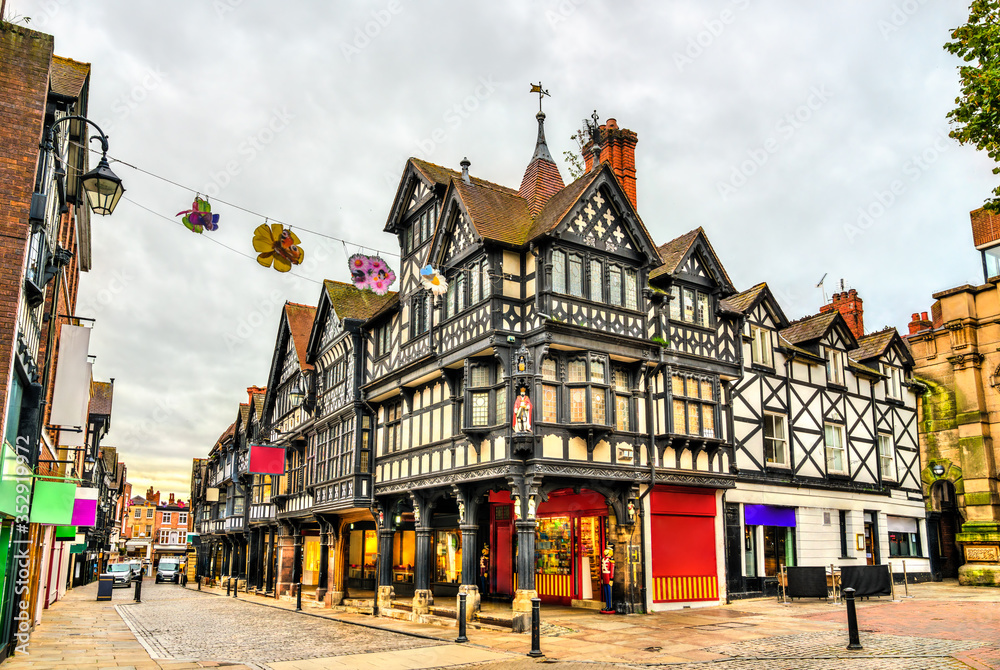 Traditional English Tudor architecture houses in Chester, England - obrazy, fototapety, plakaty 