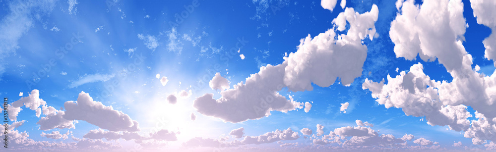 The sky with clouds panorama, the sun among the clouds, cloudy landscape, 3D rendering - obrazy, fototapety, plakaty 