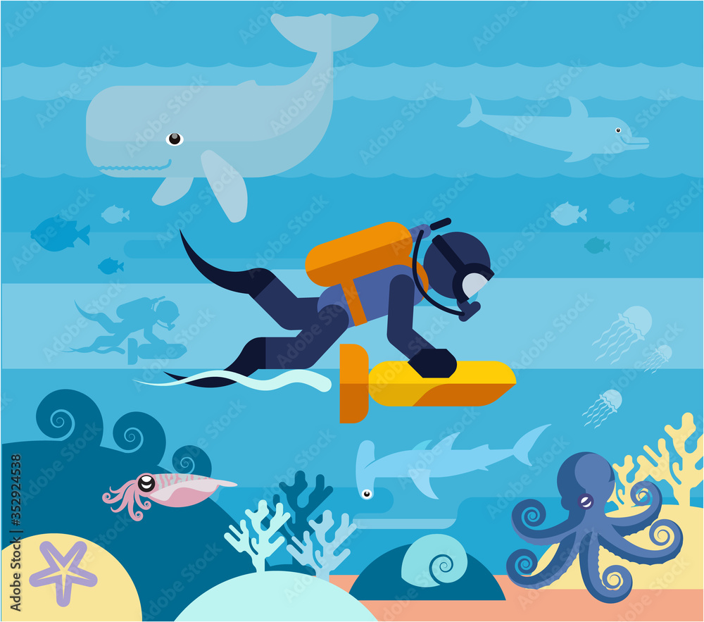 The diver explores the underwater world. Flat illustration of a diver in the ocean. - obrazy, fototapety, plakaty 