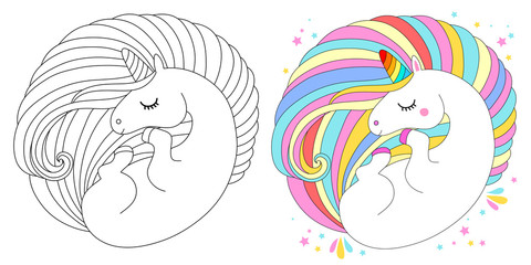 Line and color unicorns vector illustration for coloring book