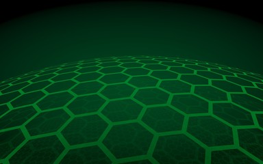 Multilayer sphere of honeycombs, green on a dark background, social network, computer network, technology, global network. 3D illustration