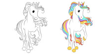 Cute Unicorn Line And Color. Vector Illustration For Coloring Book
