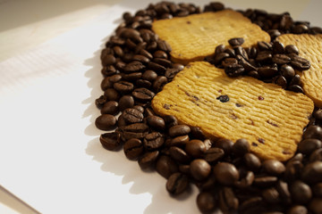 Breakfast coffee cookies morning still life background coffee grain on a white background