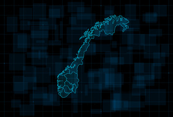 Poster - hud map of the norway with counties. cyberpunk futuristic digital dark blue background. editable str